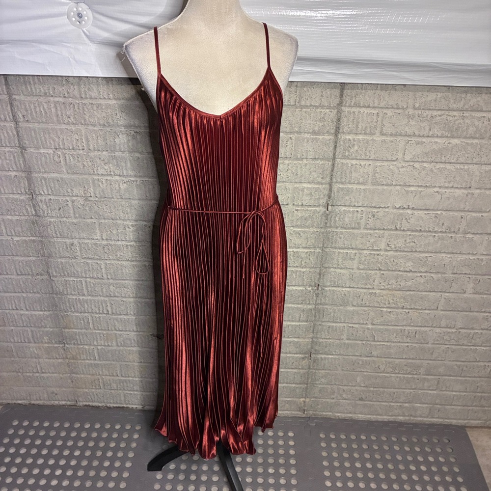 Bohme Women Rust Copper Pleated Satin Midi Dress Spaghetti Strap V-Neck Large